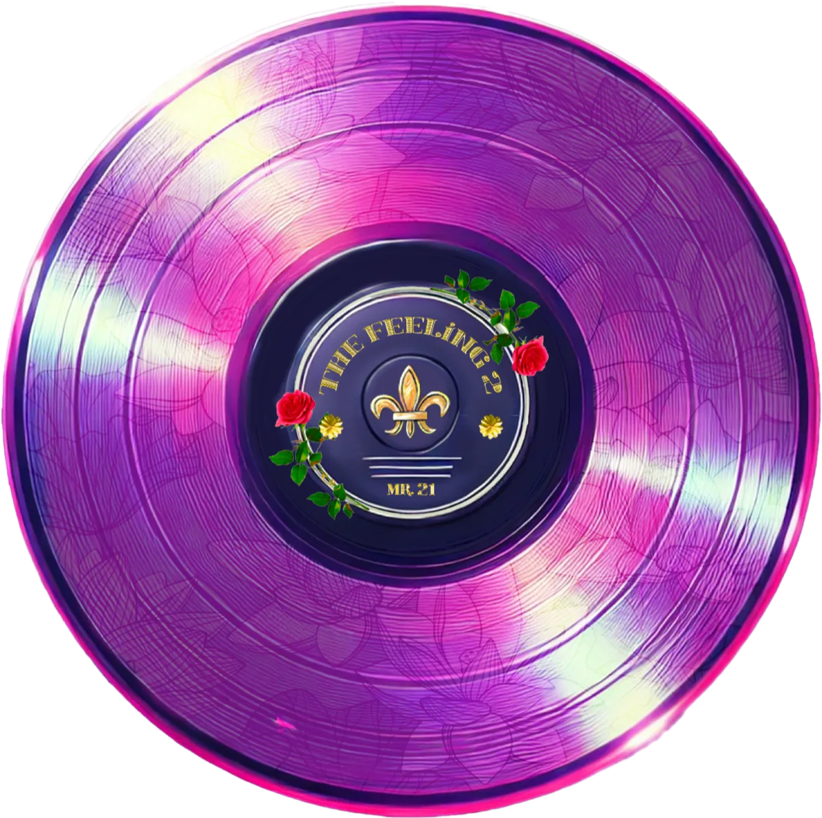 Pink and purple marbled vinyl record labeled "The Feeling 2" with a gold fleur-de-lis and roses